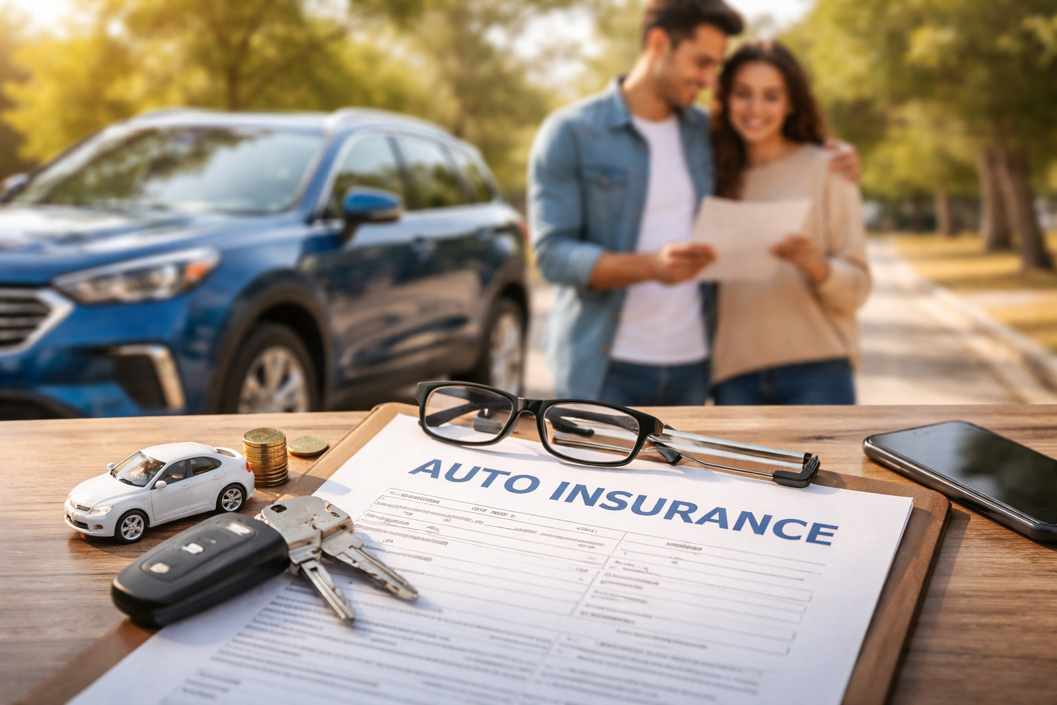 A happy couple reviewing auto insurance paperwork beside their blue SUV, with a clipboard labeled “Auto Insurance,” car keys, a toy car, coins, glasses, and a smartphone